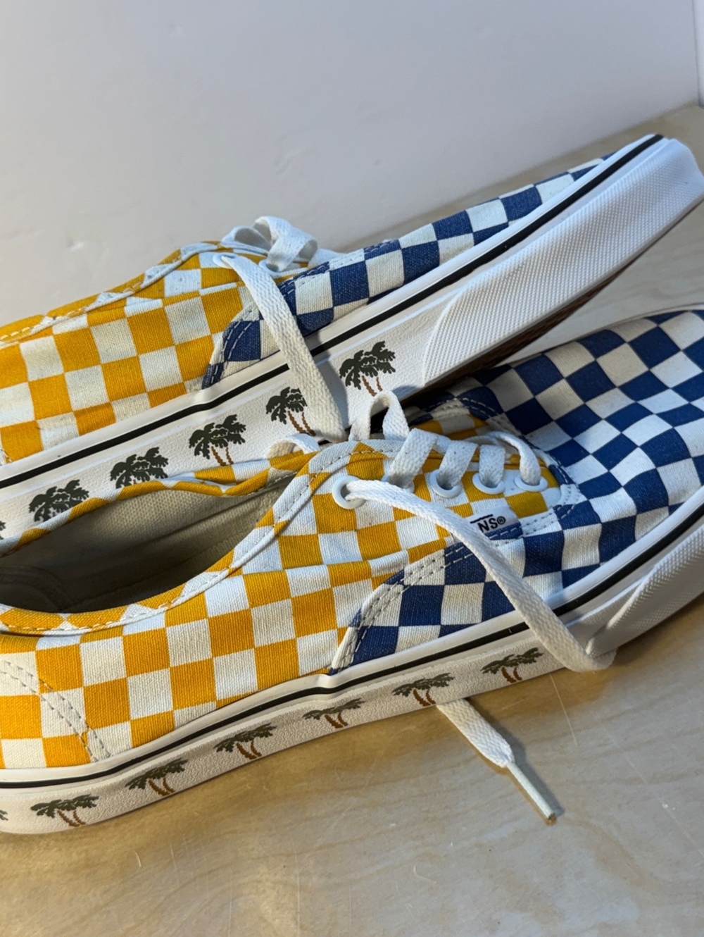 Vans Checkerboard Low Top Sneakers with Palm Tree Side Print, Blue and Yellow, 9